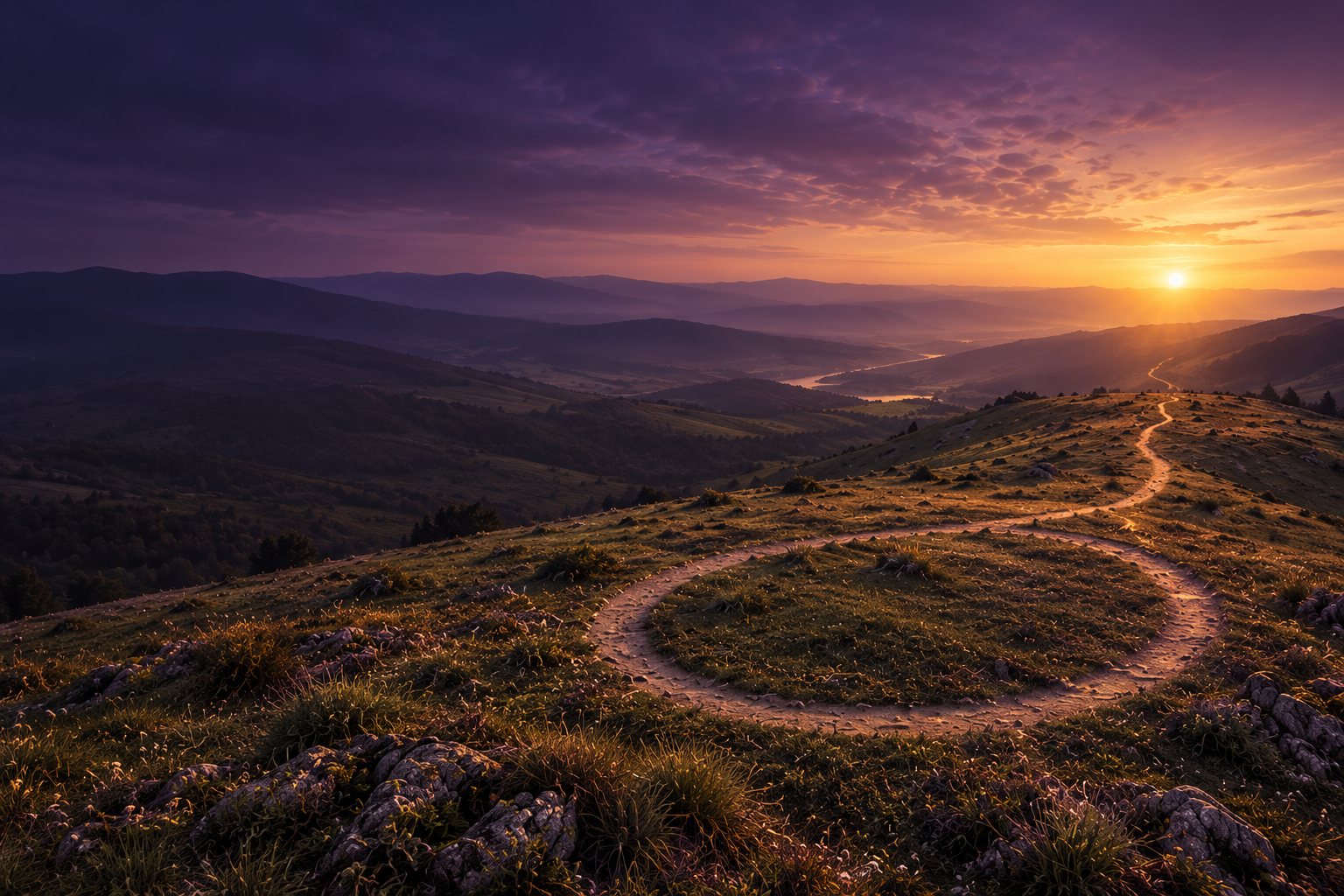 Un sendero de tierra forma un círculo entre colinas y se abre hacia un horizonte iluminado.