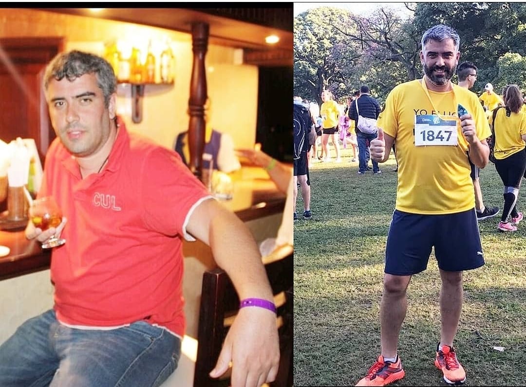 Dos momentos de Sergio: Punta Cana en 2014, con remera roja, y su primera carrera de 10 kilómetros en 2018, con remera amarilla.
